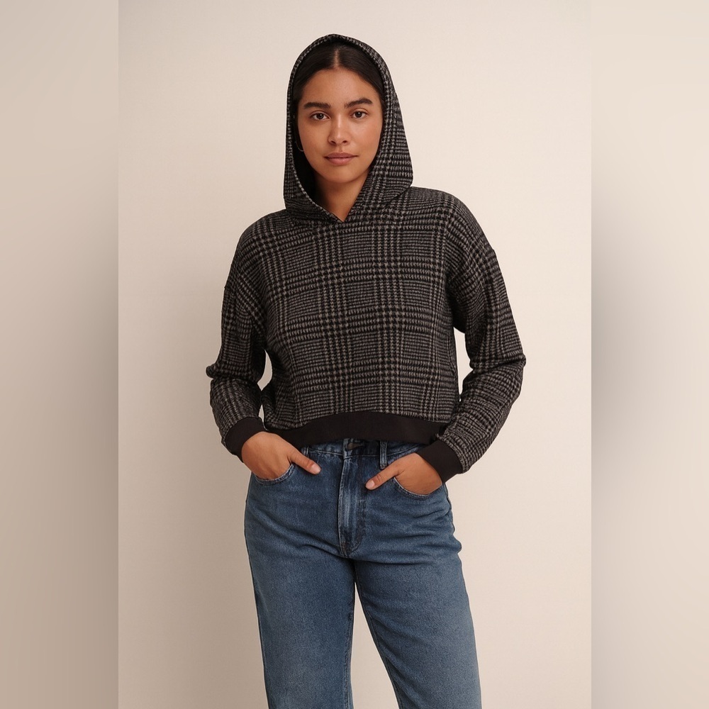 John Elliott Hoodie Black White Plaid Houndstooth Cropped Sweatshirt